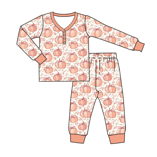 preorder GLP2450 Pumpkin Bows Orange Long Sleeve Pants Pajamas Sets  Adult Women Boutique Outfit 202506