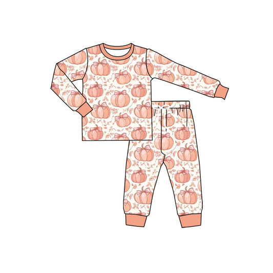 Preorder GLP2451 Pumpkin Bows Orange Long Sleeve Pants Pajamas Sets Girls Boutique Outfit  202506