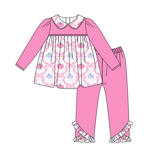 Preorder GLP2453 Pumpkin Bows Pink Long Sleeve Pants Sets Girls Boutique Outfit  202506