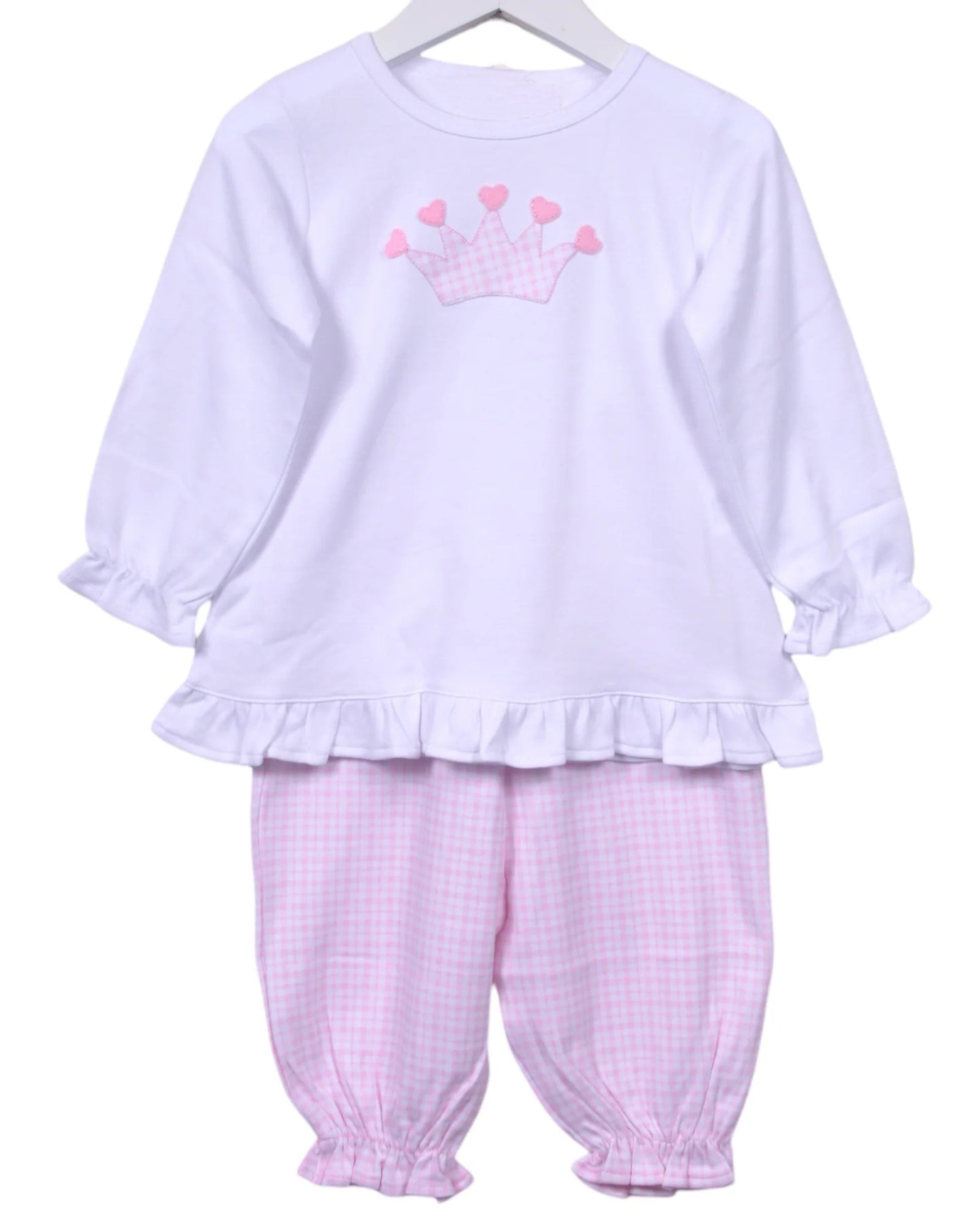 Preorder GLP2464 Heart Crown White Long Sleeve Pink Plaid Pants Sets Girls Boutique Outfit  202506