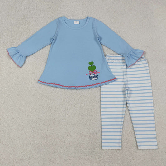 GLP2465 Embroidered Bow Vase Blue Long Sleeve Stripe Pants Girls Sets 202509 RTS