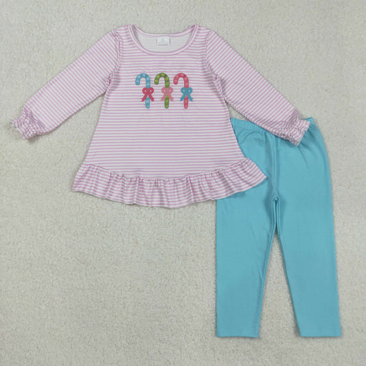 GLP2468 Embroidered Bow Cane Striped Long Sleeve Pants Girls Sets 202508 RTS