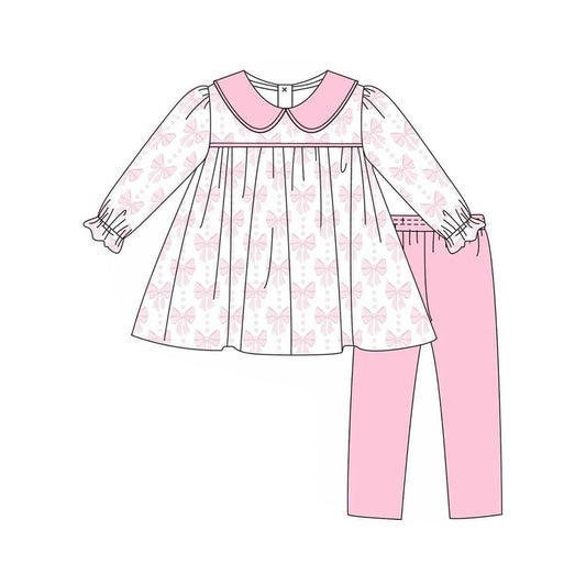 Preorder GLP2480 Bow Pattern Pink Doll Collar Long Sleeve Pants Sets Girls Boutique Outfit  202506
