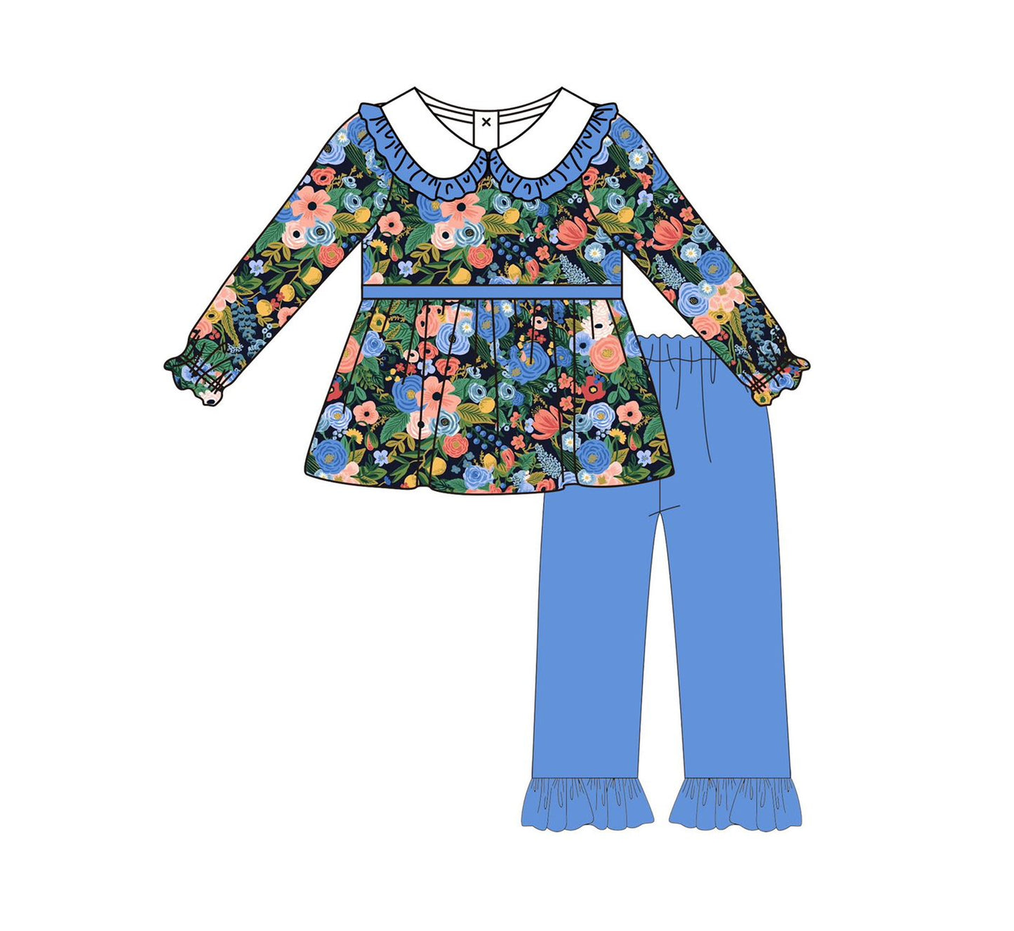 Preorder GLP2481 Flower Leaf Blue Ruffle Doll Collar Long Sleeve Pants Sets Girls Boutique Outfit  202506