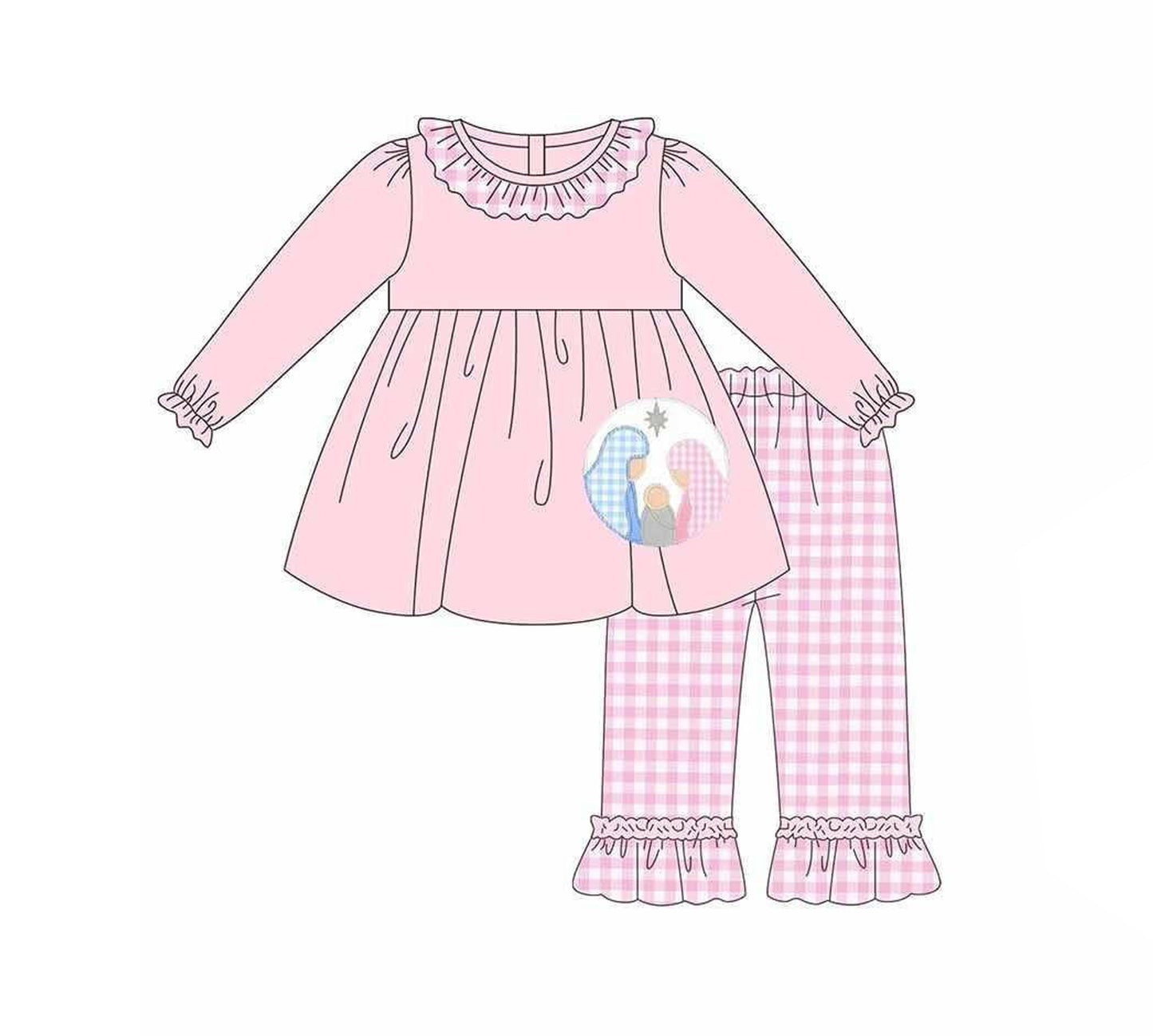 Preorder GLP2487 Jesus Pink Tunic Ruffle Long Sleeve Plaid Pants Sets Girls Boutique Outfit  202506