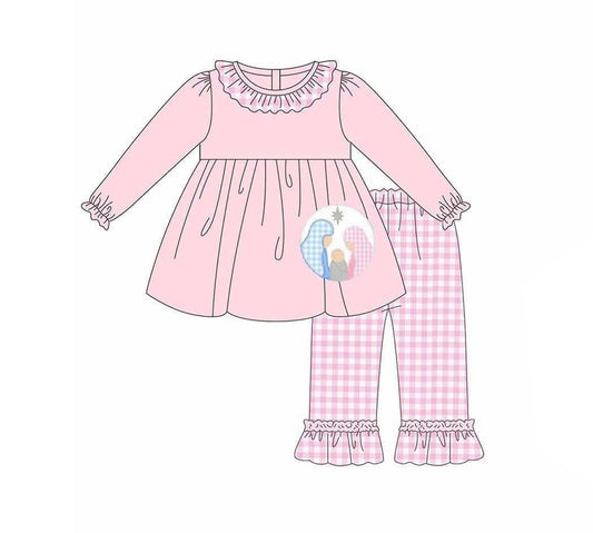 Preorder GLP2487 Jesus Pink Tunic Ruffle Long Sleeve Plaid Pants Sets Girls Boutique Outfit  202506