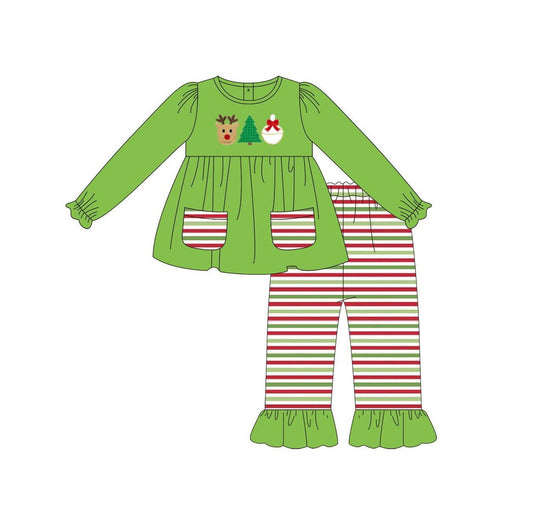 Preorder GLP2490 Santa Tree Deer Green Tunic Pocket Long Sleeve Stripe Pants Sets Girls Boutique Outfit  202506