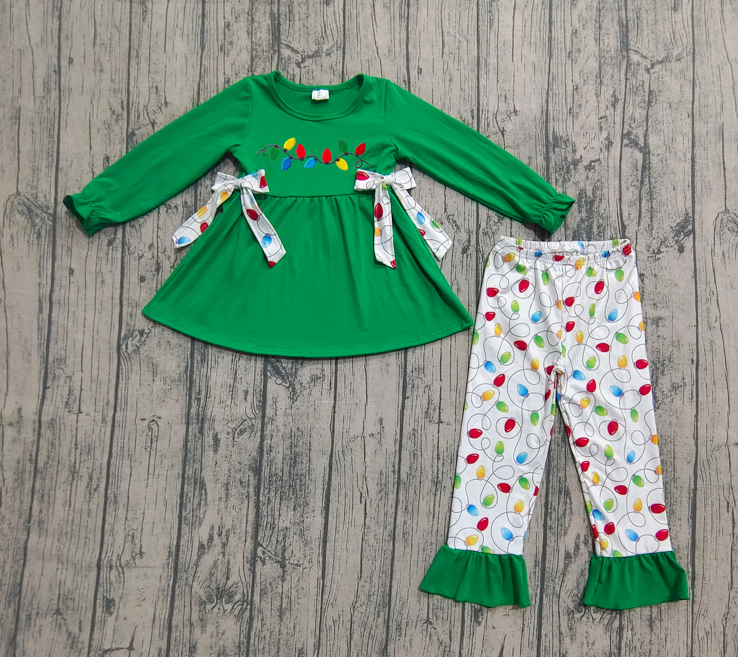 Preorder GLP2491 Embroidered Christmas Lights Bow Green Long Sleeve White Pants Sets Girls Boutique Outfit  202506