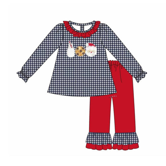 Preorder GLP2493 Santa Claus Red Ruffle Black Plaid Long Sleeve  Pants Sets Girls Boutique Outfit  202506