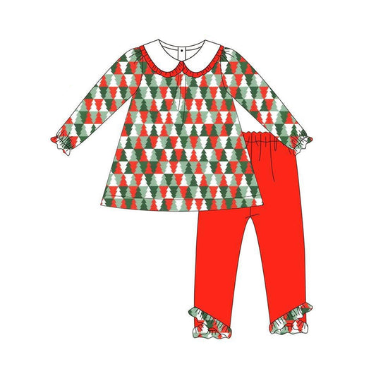 Preorder GLP2494 Santa Tree Red Ruffle Doll Collar Long Sleeve Pants Sets Girls Boutique Outfit  202506