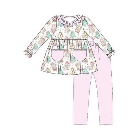 Preorder GLP2497 Bow Christmas Tree Cookie Pink Pocket Ruffle Long Sleeve Pants Sets Girls Boutique Outfit  202506
