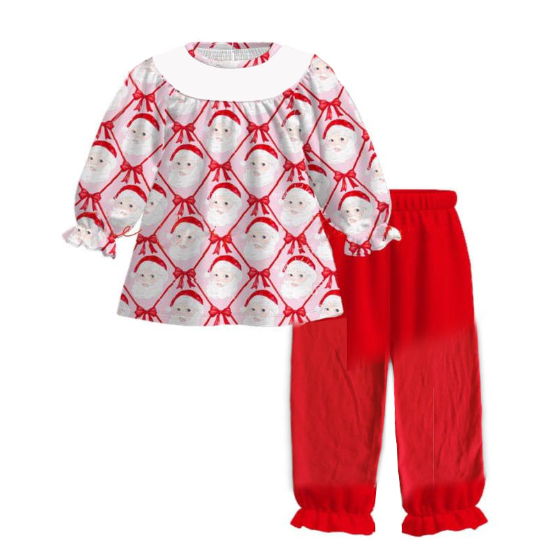 Preorder GLP2501 Santa Claus Bows Red Long Sleeve Pants Sets Girls Boutique Outfit  202506