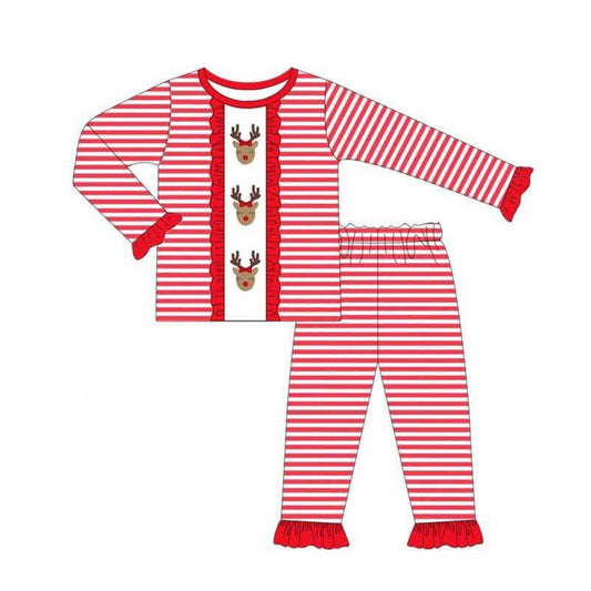 Preorder GLP2503 Christmas Reindeer Ruffle Red Stripe Long Sleeve Pants Pajamas Sets Girls Boutique Outfit  202506