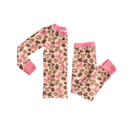 Preorder GLP2504 Pink Bows Brown Leopard Long Sleeve Pants Pajamas Sets Girls Boutique Outfit  202506