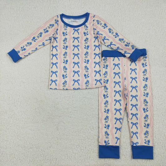 GLP2505 Blue Pink Bows Stripe Long Sleeve Pants Pajamas Sets Girls Boutique Outfit  202507 RTS