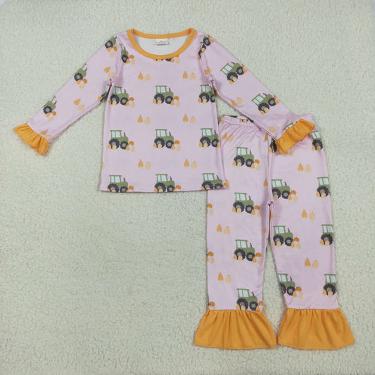 GLP2506 Trucks Pumpkin Orange Pink Ruffle Long Sleeve Pants Pajamas Sets Girls Boutique Outfit  202507 RTS