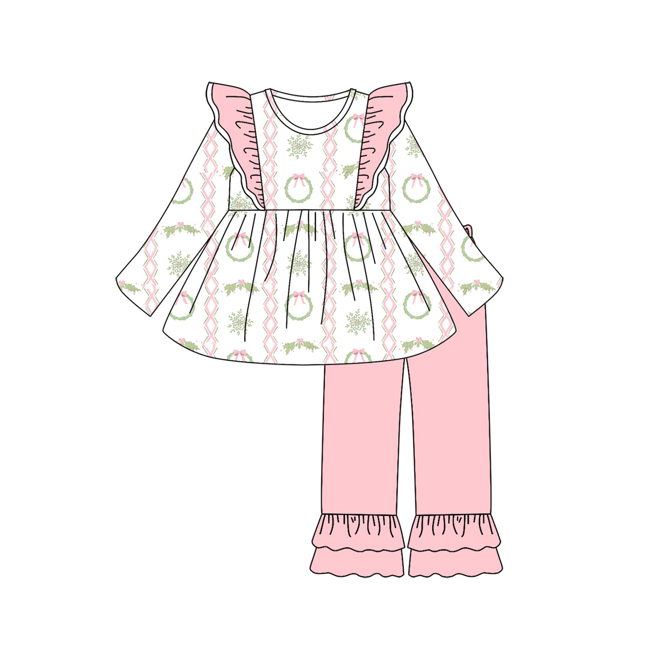 Preorder GLP2509 Bows Flower Pink Ruffle Long Sleeve Pants Sets Girls Boutique Outfit  202506