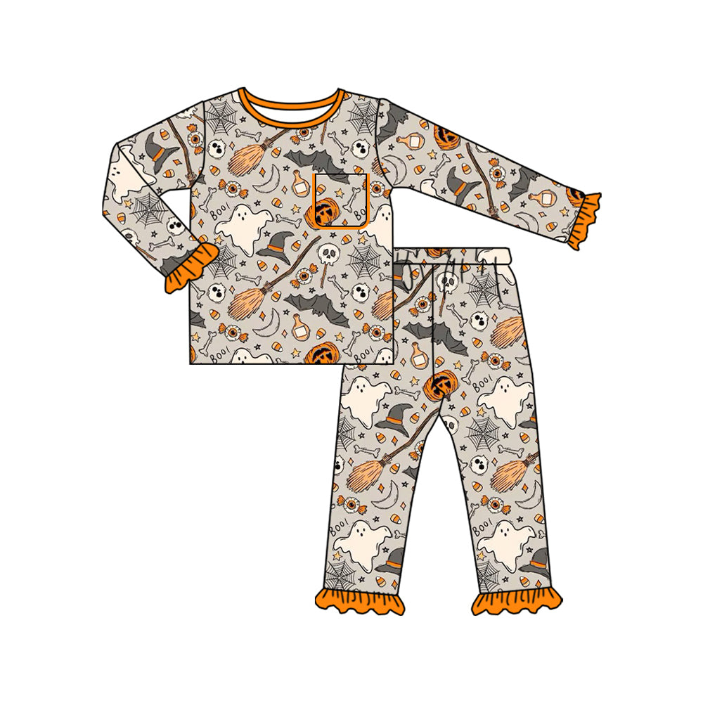 Preorder GLP2514 Halloween Pumpkin Ghost Orange Ruffle Long Sleeve Pants Sets Girls Boutique Outfit  202506