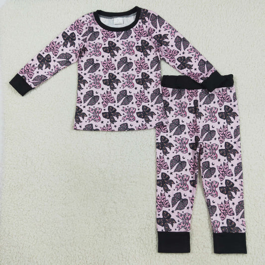 GLP2516 Bows Black Pink Long Sleeve Pants Pajamas Girls Boutique Outfit  202508 RTS