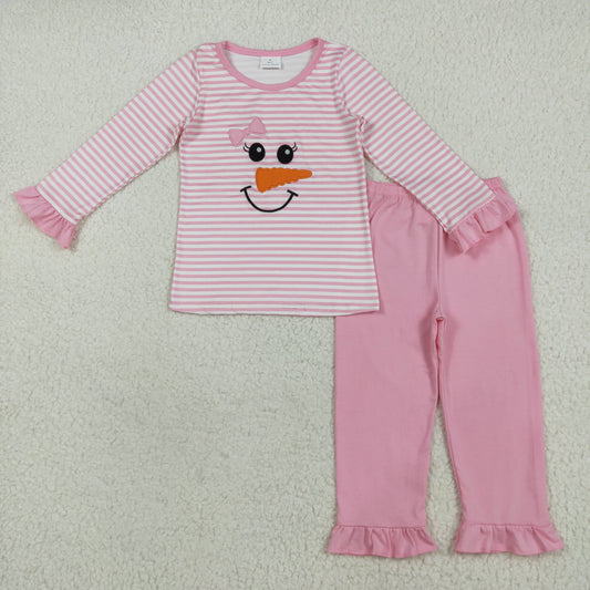 GLP2520 Girls Boutique Embroidered Christmas Snowman Smiley Face Pink Striped Long Sleeve Pants Pajamas Set 202507 RTS