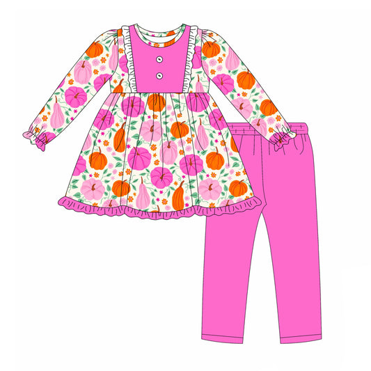 preorder  GLP2522 Girls Boutique Pumpkin Flower Rose Red Tunic Ruffle Long Sleeve Pants Set 202506