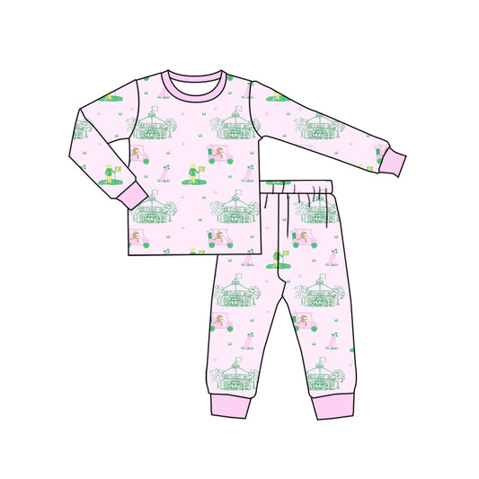 preorder  GLP2524 Girls Boutique Golf Sightseeing Cars Pink Long Sleeve Pants Pajamas Set 202506