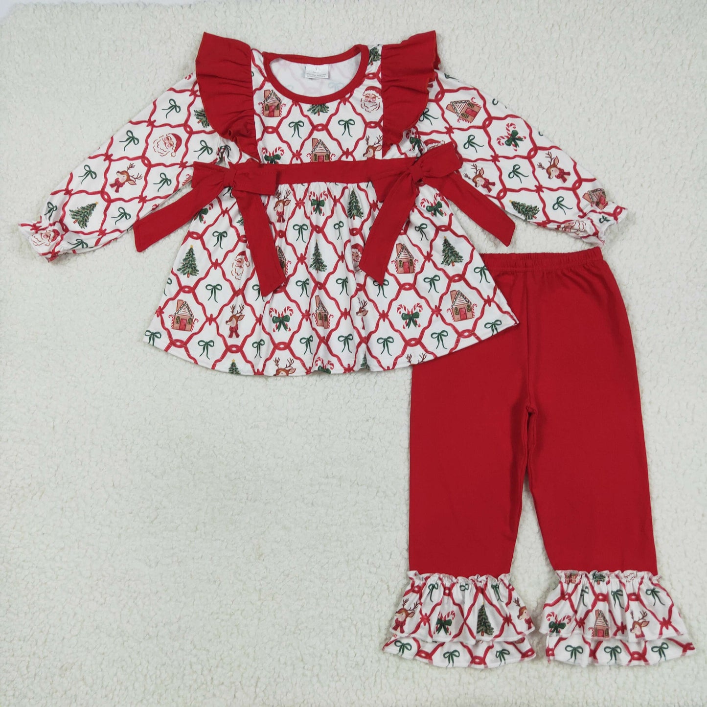GLP2525 Santa Claus Bows Plaid Red Ruffle Long Sleeve Pants Sets Girls Boutique Outfit  202507 RTS