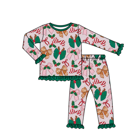 Preorder GLP2526 Christmas Bows Green Ruffle Long Sleeve Pants Sets Girls Boutique Outfit  202506