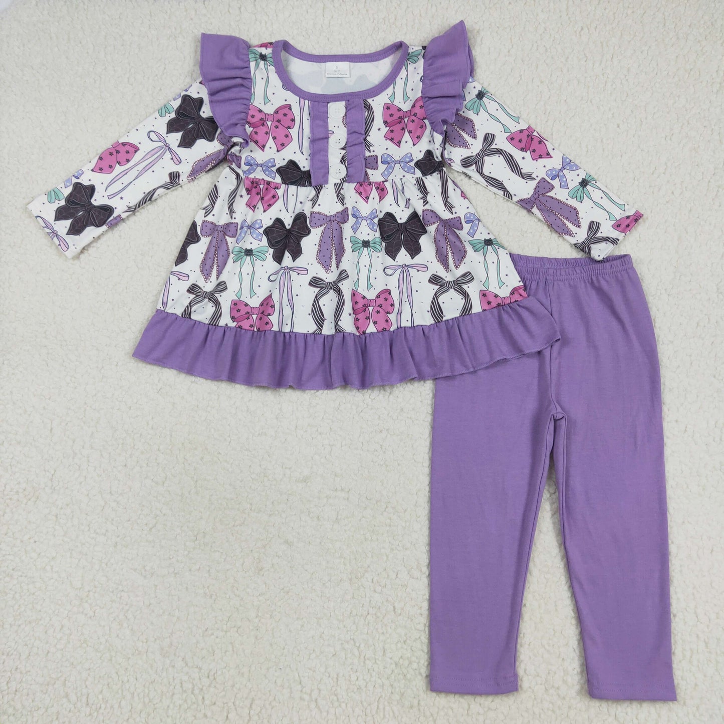 GLP2528 Bows Purple Ruffle Long Sleeve Pants Sets Girls Boutique Outfit  202507 RTS