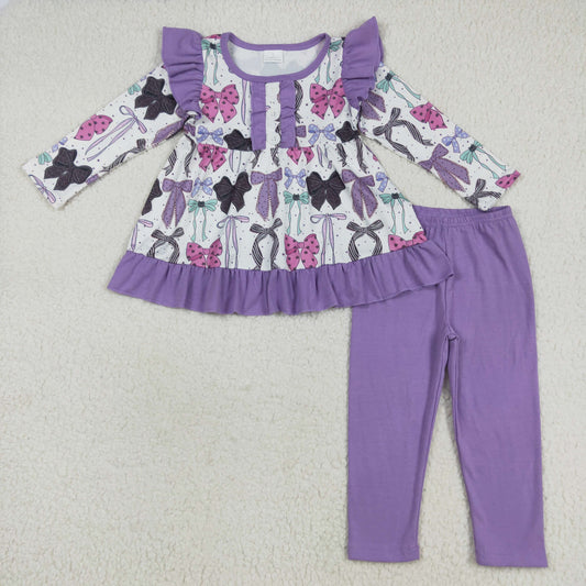 GLP2528 Bows Purple Ruffle Long Sleeve Pants Sets Girls Boutique Outfit  202507 RTS