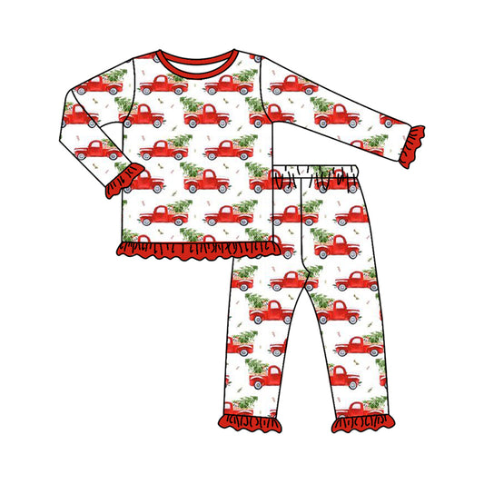 Preorder GLP2529 Christmas Trucks Tree Red Ruffle Long Sleeve Pants Pajamas Sets Girls Boutique Outfit  202506