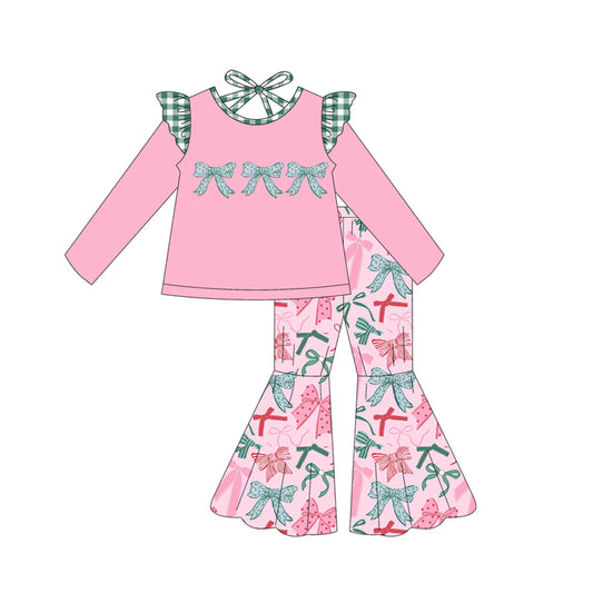Preorder GLP2531 Christmas Bows Green Plaid Ruffle Pink Long Sleeve Bell Bottom Pants Sets Girls Boutique Outfit  202506