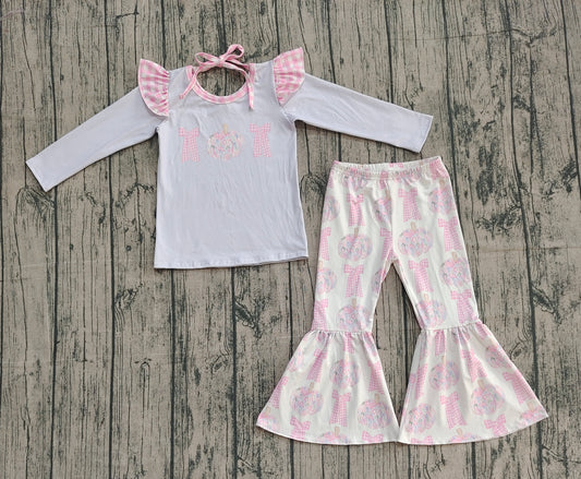 GLP2532-XS-3XL Pumpkin Flower Bows Pink Ruffle Long Sleeve Pants Girls Sets 202510 RTS