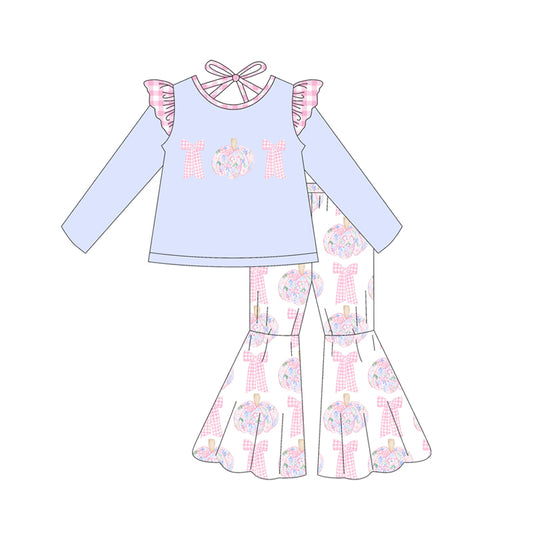 Preorder GLP2531  Halloween Bows Pumpkin Pink Plaid Ruffle Purple Long Sleeve Bell Bottom Pants Sets Girls Boutique Outfit  202506