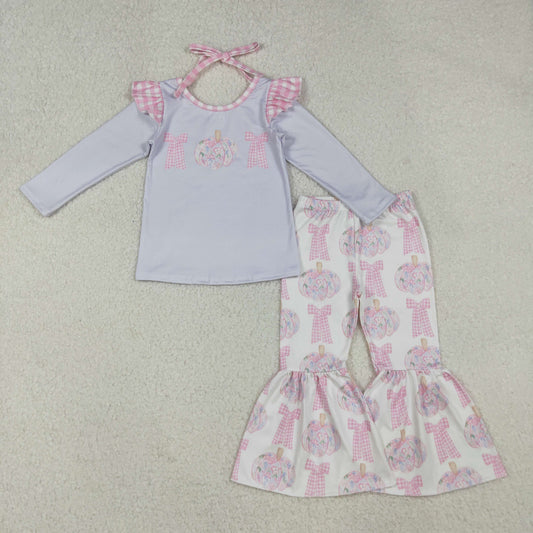 GLP2532-XS-3XL Pumpkin Flower Bows Pink Ruffle Long Sleeve Pants Girls Sets 202510 RTS