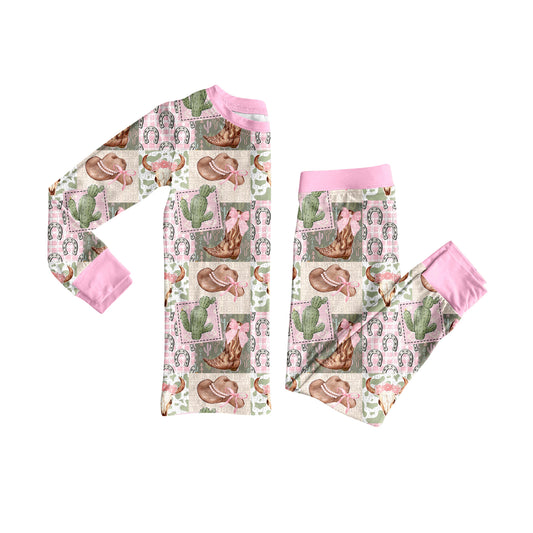 Preorder GLP2534 Cactus Hat Cow Girl Pink Long Sleeve Pants Pajamas Sets Girls Boutique Outfit  202506