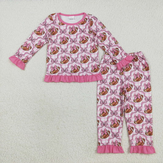 GLP2535  Rugby Bow Pattern Pink Ruffle Plaid Long Sleeve Pants Pajamas Girls Sets 202508 RTS