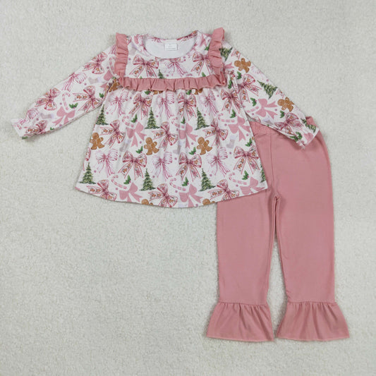 GLP2541 Christmas Gingerbread Man Pink Ruffle Long Sleeve Pants Girls Set 202508 RTS