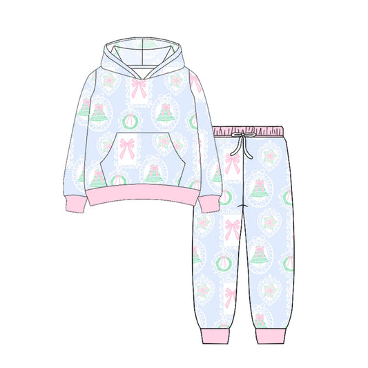 Preorder GLP2544 Christmas Blue Pink Hooded Long Sleeve Pants Set Girls Boutique Outfit  202506