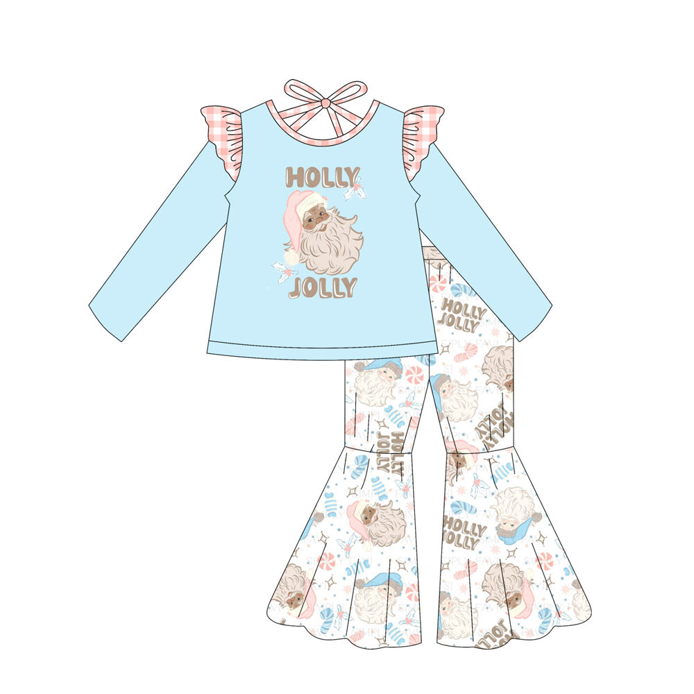 Preorder GLP2547 holly jolly Santa Claus Pink Plaid Ruffle Blue Long Sleeve Bell Bottom Pants Set Girls Boutique Outfit  202506