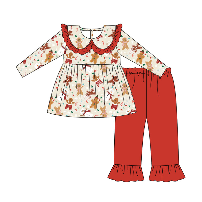 Preorder GLP2548 Christmas Gingerbread Man Red Ruffle Long Sleeve Pants Set Girls Boutique Outfit  202506