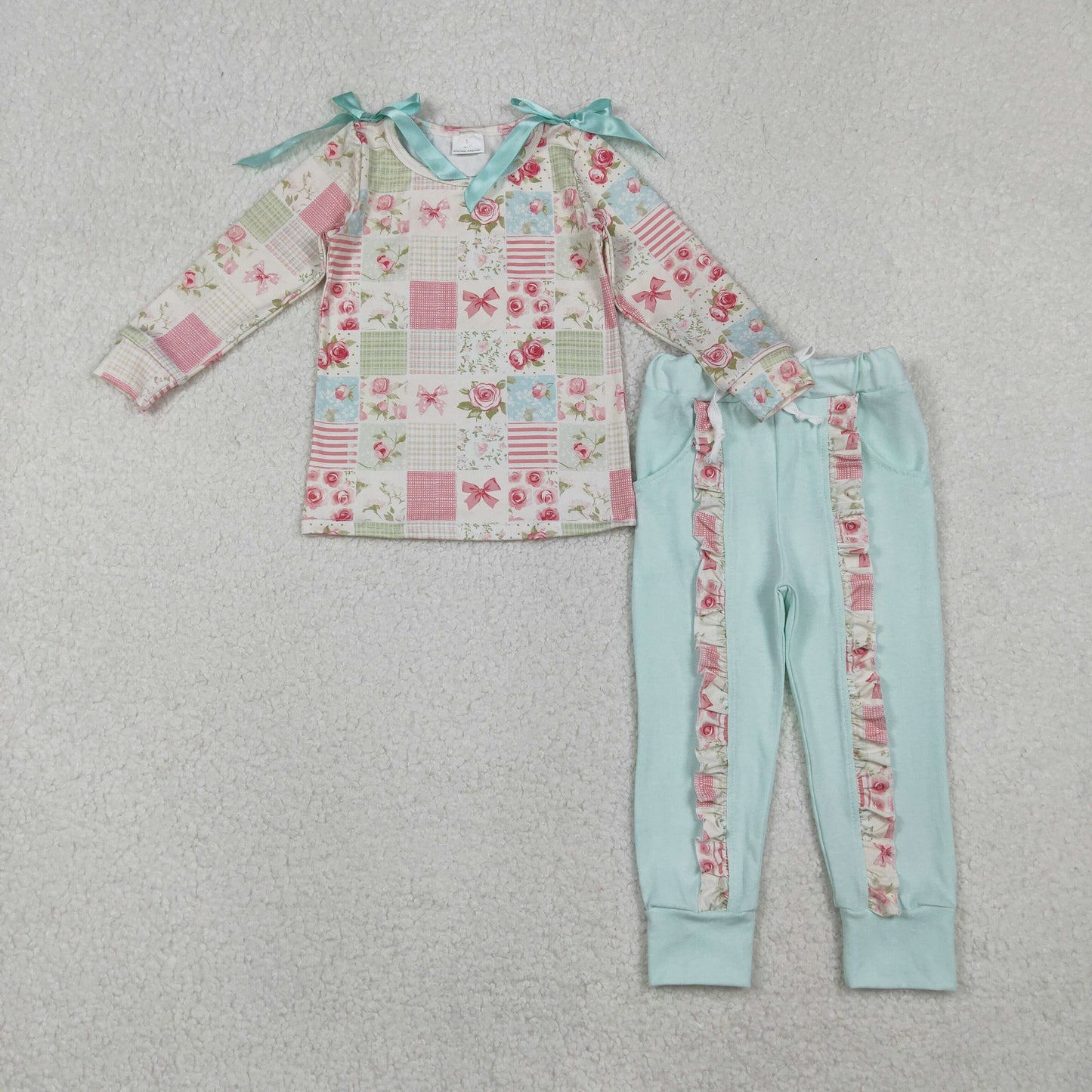 GLP2551 Flower Plaid Bow Long Sleeve Pants Girls Set 202510 RTS