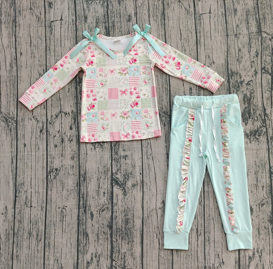 GLP2551 Flower Plaid Bow Long Sleeve Pants Girls Set 202510 RTS