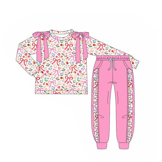 Preorder GLP2552 Flower Bow Pink Ruffle Long Sleeve Top Pants Girls Set 202507