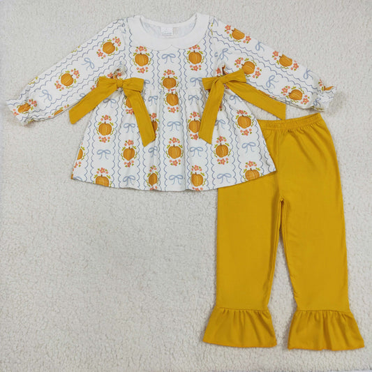 GLP2554 Pumpkin Bows Orange Long Sleeve Top Pants Girls Set 202508 RTS