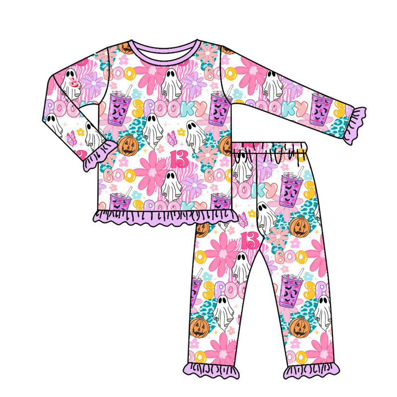 Preorder GLP2556 Halloween Ghost Purple Ruffle Long Sleeve Top Pants Girls Set 202507