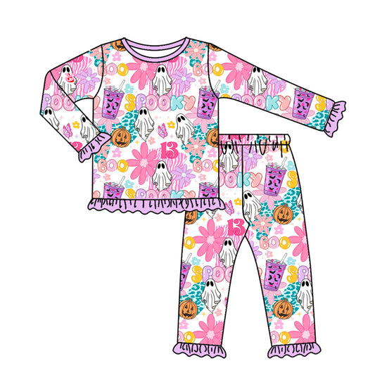 Preorder GLP2556 Halloween Ghost Purple Ruffle Long Sleeve Top Pants Girls Set 202507