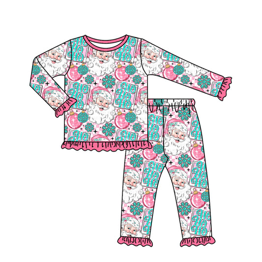 Preorder GLP2562 Christmas Santa Claus Blue Green Letter Pink Ruffle Long Sleeve Top Pants Girls Pajamas Set 202507