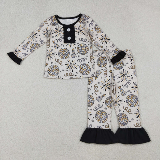 GLP2563-XS-3XL New Year Fireworks Ball Ruffle Long Sleeve Top Pants Girls Pajamas Set 202510 RTS