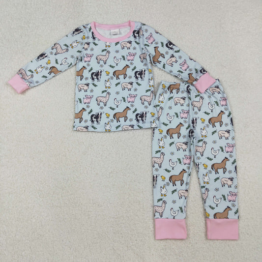 GLP2564 Farm Animals Girls Pink Long Sleeve Top Pants Pajamas Set 202510 RTS